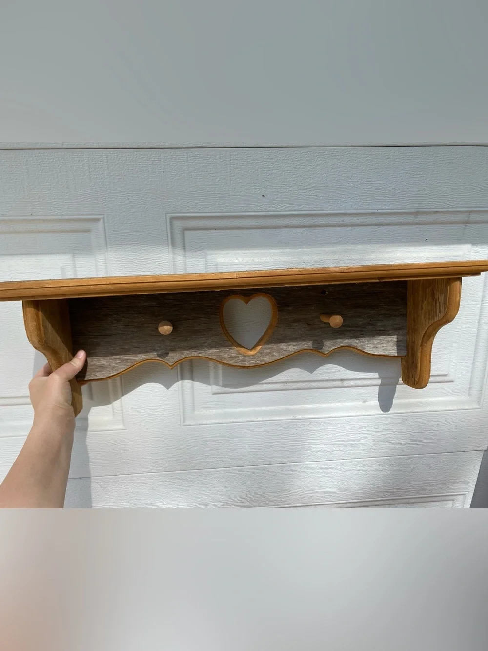 Handmade Wooden Heart Wall Shelf w/ Peg Hooks
